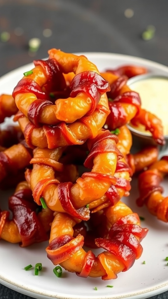 Crispy bacon-wrapped onion rings on a plate with dipping sauce and fresh herbs.